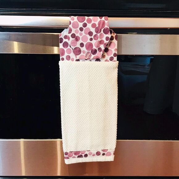 Hanging Kitchen Towel: Faded Plum Purple Dots Topper, Button Closure - Picture 1 of 5